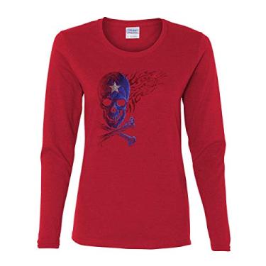 Imagem de Fantacycle Skull Crossbones Camiseta feminina manga longa orgulho americano chama tribal, Vermelho, XXG