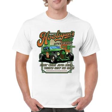 Imagem de Camiseta masculina Hooligan's Irish Speed Shop Dia de São Patrício Vintage Hot Rod Shamrock St Patty's Beer Festival, Branco, 3G