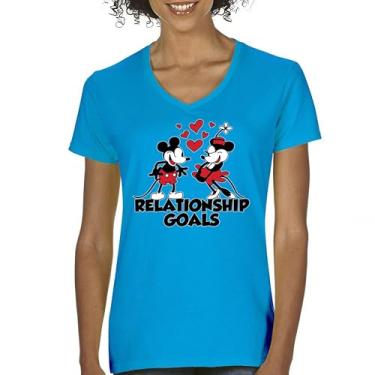 Imagem de Camiseta feminina Steamboat Willie Relationship Goals gola V clássica clássica estampa retrô icônica vintage mouse, Turquesa, M