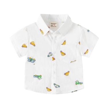 Imagem de Yueary Camisetas sociais havaianas casuais para bebês meninos com estampa de carro com botões e manga curta camiseta de férias, Branco, 110/3-4 Y