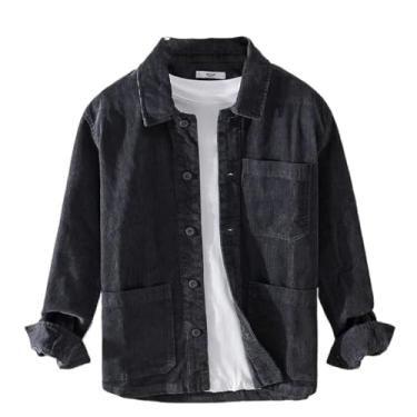 Imagem de Camisetas masculinas outono inverno retrô casual algodão sólido em camisas soltas de veludo cotelê com bolso camiseta cinza, Cinza, M