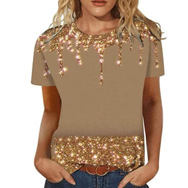 Imagem de PKDong Camisetas femininas estampadas para mulheres, camisetas com estampa de flores, gola redonda, manga curta, Amarelo, XXG