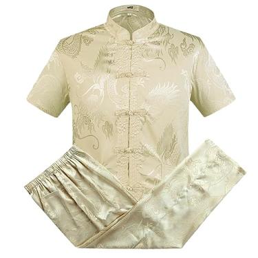 Imagem de Roupa masculina chinesa tradicional para homens, calças masculinas, camisetas orientais Cheongsam Tang Top, Conjunto curto bege, M
