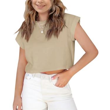 Imagem de Haloumoning Camisetas femininas de manga curta cropped manga enrolada gola redonda sólida solta camisetas básicas para o verão, Caqui, 13-14 Anos