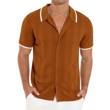 Imagem de RQP Camisa masculina casual de botão manga curta roupas vintage malha camisa polo verão praia camisas, Marrom, M