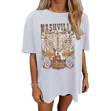 Imagem de Camiseta feminina Nashville Music City Camiseta feminina Country Music Camiseta de banda de rock vintage camisetas gráficas de asas de guitarra, Branco, GG