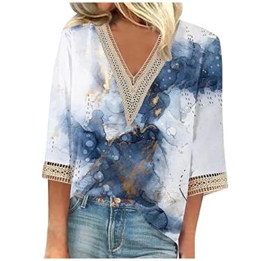 Imagem de Camisetas femininas de verão manga 3/4 com decote em V floral 2024, camisetas femininas casuais com acabamento em renda, blusas femininas elegantes e casuais, Azul-marinho 85, 3G