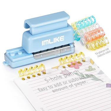 Imagem de Mini máquina de encadernação de 5 furos - Máquina de encadernação IMLIKE com 5 furos com 16 tiras de encadernação de folhas soltas - fácil de adicionar ou remover papéis, capacidade para 4 folhas (furos A4/30, furos B5/26, furos A5/20) - Azul