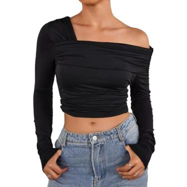 Imagem de EYNMIN Blusa feminina de manga comprida com ombros de fora, caimento justo, camiseta cropped básica Y2K, 01 Preto, PP