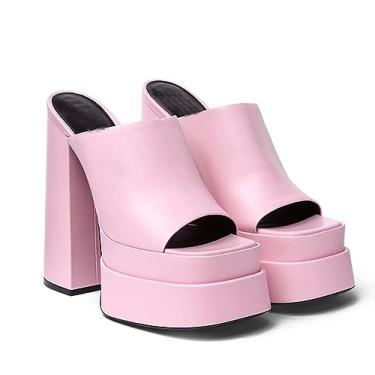 Imagem de WEALTHY73 Pantufas femininas quadradas de bico aberto de salto alto 15 cm / 6 polegadas plataforma deslizante sandália robusta estável, rosa, US7 EU39