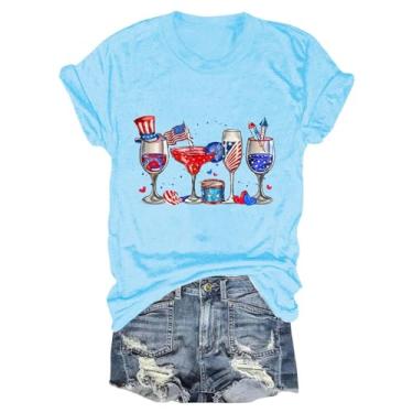 Imagem de Camiseta feminina de 4 de julho com estampa de taças engraçadas de vinho, bandeira dos EUA, túnica patriótica, gola redonda, manga curta, blusa de verão, Azul claro, 3G