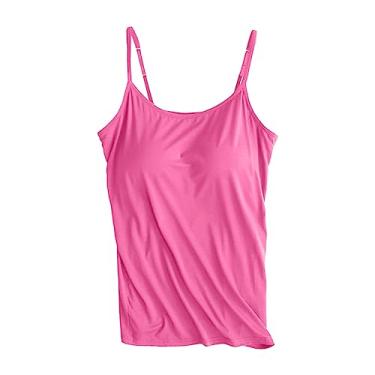Imagem de Regatas com sutiãs embutidos para mulheres alças finas ajustáveis camiseta verão atlético treino básico camisetas, Rosa choque, 6G