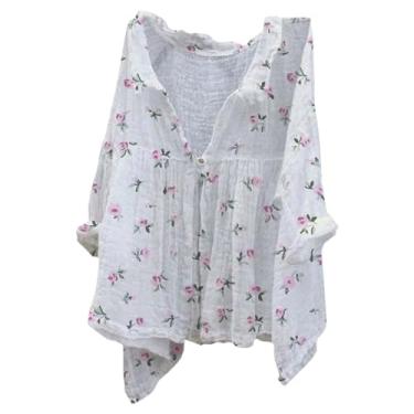 Imagem de Camisetas femininas de linho de verão, estampa floral, casual, grande, branca, gola V, blusa folgada de manga comprida, Rosa choque, G