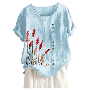 Imagem de Lainuyoah Camisetas vintage femininas modernas de linho de algodão boho manga enrolada gola redonda casual estampada/bordado blusa verão, C - Azul claro, 3G