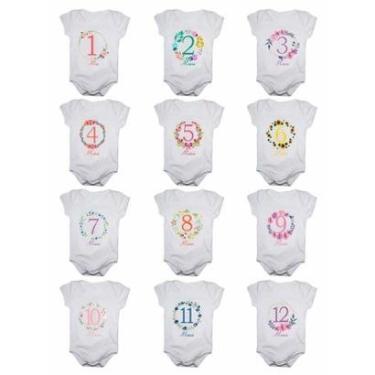 Imagem de Kit body bebê mesversario manga curta flores 12 bodies 1 a 12 meses-Feminino