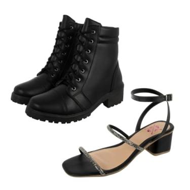 Imagem de Kit Sandália Feminina Salto Bloco Baixo Brilho + Coturno Tratorado Preto Bellinda Shoes (Preto, BR, Adulto, Numérico, 37)
