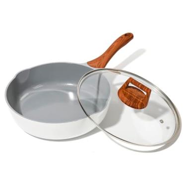 Imagem de Frigideira de cerâmica antiaderente com tampa, frigideira funda de 25 cm, frigideira antiaderente com bico de despejo, panelas não tóxicas para fogão, indução, gás, sem PB/CD/PFOA (branca, 25 cm)