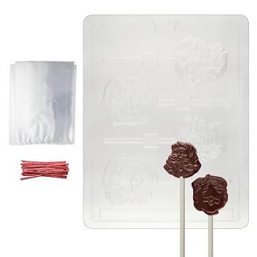 Imagem de Molde de Natal para chocolate Mrs. e Mrs. CLAUS HEADS com kit de suprimento de pirulito (25 palitos de pirulito, 25 sacos de violoncelo, 25 laços vermelhos torcidos, instruções de moldagem)