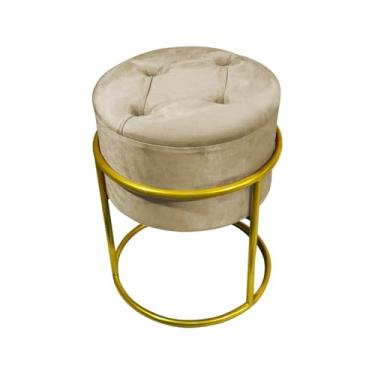 Imagem de Puff Decorativo Redondo Com Capitonê Base De Ferro Dourada Tecido Veludo Bege