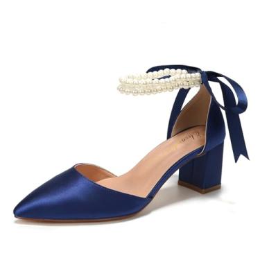Imagem de Elivandon J1585 Sandália Feminina de Cetim Bico Fino Salto Médio 6cm Bloco Dupla Tira Pérola Noiva Festa Casamento Cor Azul Escuro,Tamanho BR 39/EU 41
