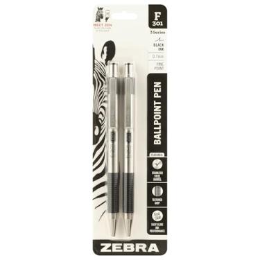 Imagem de Zebra Pen Esferográfica F-301 esferográfica de ponta fina de aço inoxidável de 0,7 mm, pacote com 2 - tinta Easy-Glide, aderência antiderrapante, clipe de metal, recarregável com refil F, design
