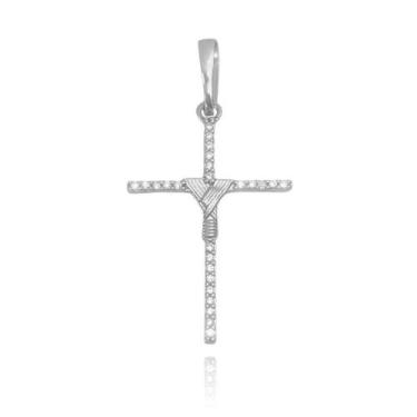 Imagem de Pingente Grande Fino de Prata 925 Crucifixo Agulha Trançado Cravejado 