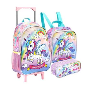 Imagem de Kit 3 Peças Mochila Rodinha Unicórnio Com Estojo Lancheira Feminina - 