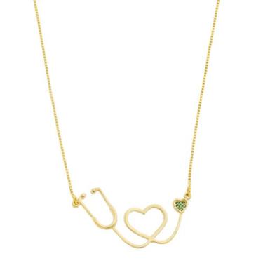 Imagem de Colar Estetoscópio Enfermagem Coração Pedra Verde Luxo Semi Joias - Cr