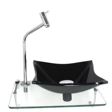 Imagem de Kit cuba de vidro 10mm preta tampo 40cm incolor com suporte torneira v