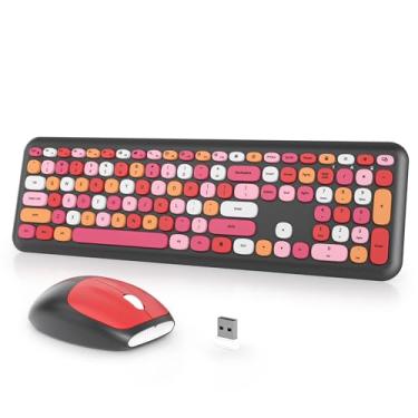 Imagem de iTastatur Combo de teclado e mouse sem fio de máquina de escrever, escritório de 2,4 G, 104 teclas, teclado punk retrô de tamanho completo, lindo teclado vermelho com teclas redondas para laptop, PC,