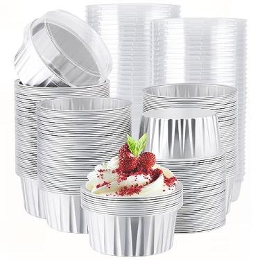 Imagem de EUSOAR Forros de cupcake prateados, 200 peças de mini formas de bolo de 142 g, copos de assadeira de folha de alumínio com tampas, copos de muffin de cheesecake, recipientes de sobremesa descartáveis