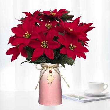 Imagem de Arranjo de flores de Natal de poinsétia artificial em vaso rosa, flores falsas vermelhas festivas com pingente de coração para casa, escritório e decoração de férias