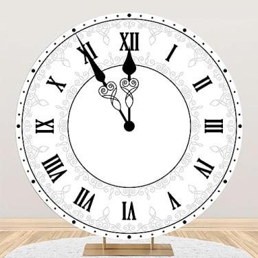 Imagem de AOFOTO Relógio branco de 2 x 2 m Capa de fundo redonda contagem regressiva Feliz Ano Novo Festa Fotografia Fundo para Foto de Protraito Adulto Chá de Bebê Família Ano Novo Decoração Suprimentos