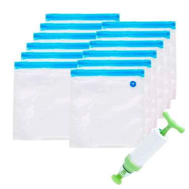 Imagem de Kit 12 Sacos Herméticos a Vácuo Tamanho Médio 26x28cm Zip Duplo + Bomba de Sucção