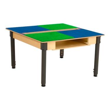 Imagem de Time-2-Play Mesa infantil Montessori Lego compatível com blocos de montar com superfície grande de 89 cm x 79 cm, tampo de mesa de madeira compensada de bétula azul e verde com calha e prateleira
