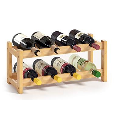 Imagem de BAMEOS Estantes para vinhos de bambu com 8 garrafas de 2 camadas para vinhos de bambu, prateleira para armazenamento de vinhos para cozinha, bar, despensa, adega, porão, bancada (42 cm C x 24 cm L x 18 cm A)
