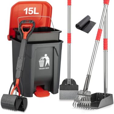 Imagem de FUSBUNTY Conjunto de pá de cocô, bandeja para cocô de cachorro e ancinho para cães grandes e pequenos, pá de 15 litros, lixeira externa com balde interno removível com 20 sacos de lixo