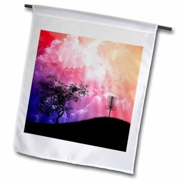 Imagem de 3dRose fl_23727_1 Cesta de golfe com silhueta de um disco Frisbee com corrente na bandeira colorida de jardim de colina, 30 x 45 cm