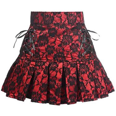 Imagem de Daisy corsets Saia feminina de cetim vermelho com renda preta sobreposta com cadarço, Vermelho/preto, M