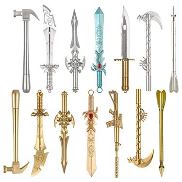 Imagem de BENBO Conjunto de 14 canetas de tinta gel, antigas canetas de espada falsa, tinta de gel, divertidas, canetas esferográficas, faca falsa, martelo, dardo, forma de arma de dardo, caneta de plástico