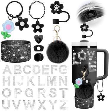 Imagem de Mity rain Conjunto de acessórios de copo para copo Stanley copo de 850 g 1,134 g com alça, incluindo adesivo de diamante à prova d'água com letra inicial A-Z, topo de palha, tampa à prova de