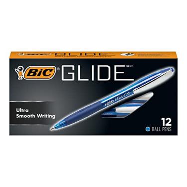 Imagem de BIC Caneta esferográfica retrátil Glide, ponta média (1,0 mm), azul, aderência de borracha confortável para escrita suave, 12 unidades (pacote com 18, 216 unidades no total)