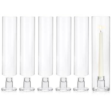 Imagem de Vixdonos Conjunto de 6 castiçais modernos de vidro Hurricane, suporte de vela longo afunilado com cilindro de 30 cm de altura, capa à prova de vento para mesa de festa de casamento ao ar livre
