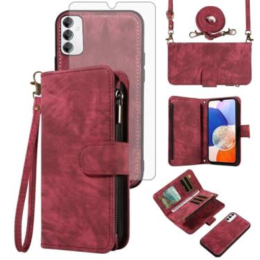 Imagem de Asuwish Capa de celular para Samsung Galaxy A14/M14 5G com zíper carteira magnética com protetor de tela de vidro temperado alça transversal flip porta-cartão de crédito A 14 4G 14A 14M G5 mulheres