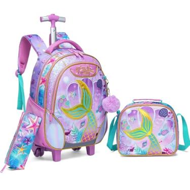 Imagem de Mochila com Rodinhas Mermaid para Meninas, Mochilas com Rodas para Estudantes de Ensino Fundamental e Pré-escola, 3 em 1, Mala de Viagem, Estojo de Lanche e Estojo de Lápis para Meninas de 8 a 10 Anos