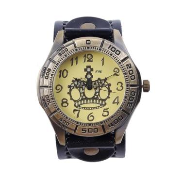 Imagem de MINILUJIA Relógios femininos de couro feitos à mão vintage retrô punk relógio de pulso feminino mostrador bronze padrão coroa quartzo relógios masculinos, Preto, couro vintage punk retrô