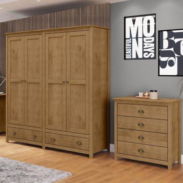 Imagem de Conjunto Quarto: Guarda-Roupa 4 Portas, Cômoda 4 Gavetas Freijó Topázio Madeira Pinus -...
