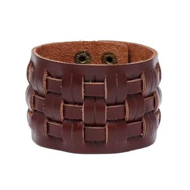 Imagem de Fusamk Pulseira Punk Rock Snap trançada de couro largo, One Size, liga metálica, Sem pedras preciosas