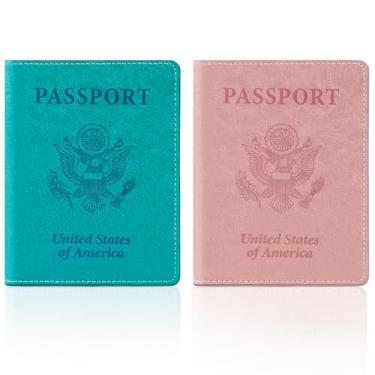 Imagem de Capa para cartão de passaporte e vacina, carteira para passaporte com compartimento para cartão de vacina, azul + rosa, 2pcs