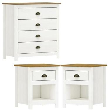 Imagem de Comoda 4 Gav e 02 Mesas de Cabeceira Madeira Maciça Branco Freijo Mila